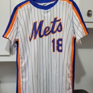 Mets Pinstripe Baseball Jersey with Number 18 - White, Blue, Orange
